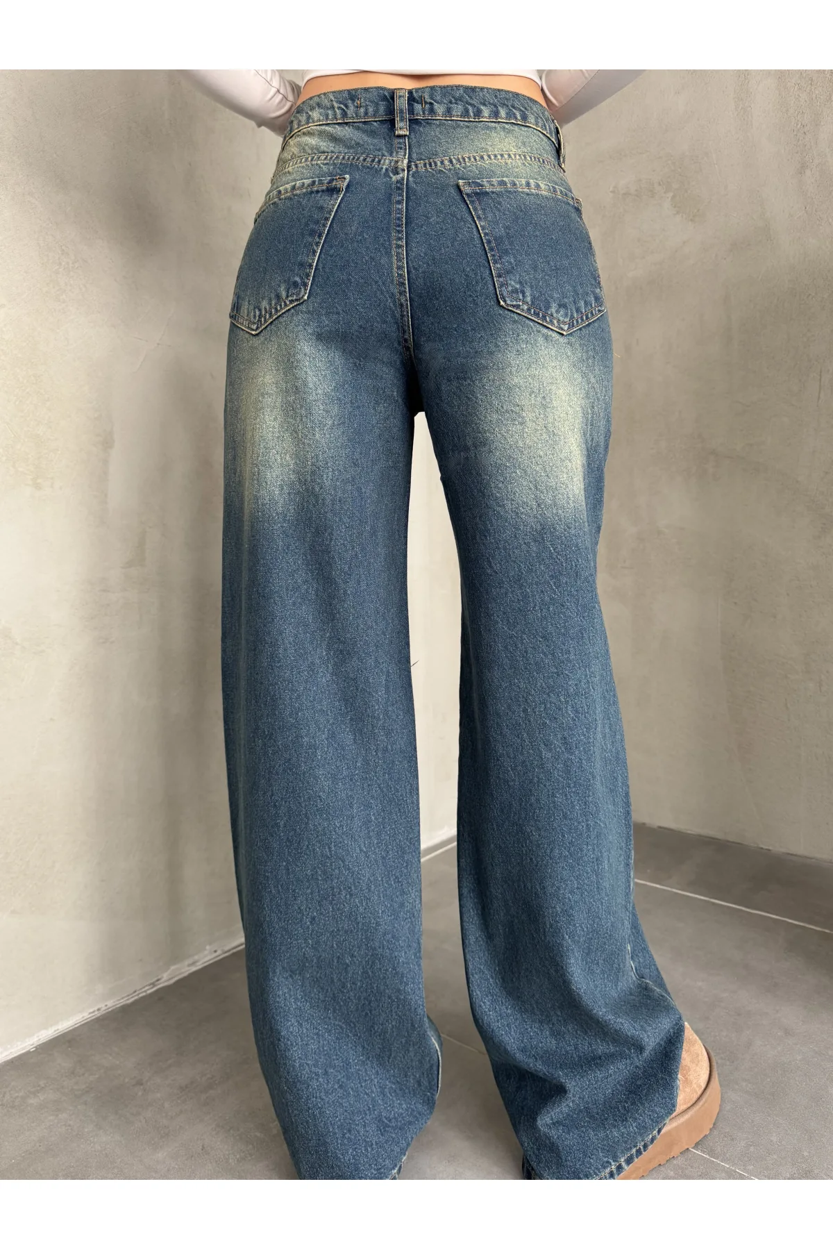 Mavi Yeşil Yıkamalı Baggy Geniş Paça Yüksek Bel Wide Leg Jean Kot Pantolon