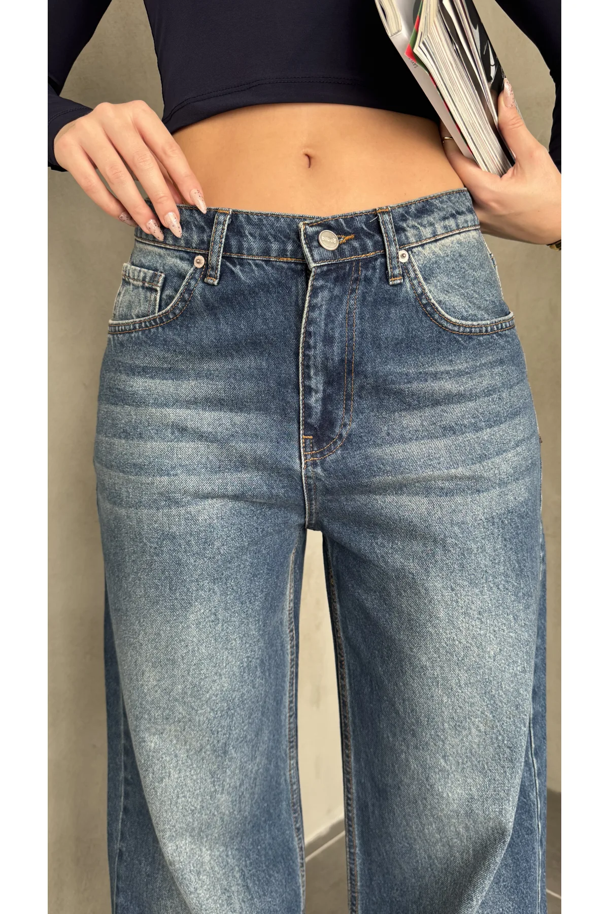 Mavi Yıkamalı Baggy Geniş Paça Yüksek Bel Wide Leg Jean Kot Pantolon