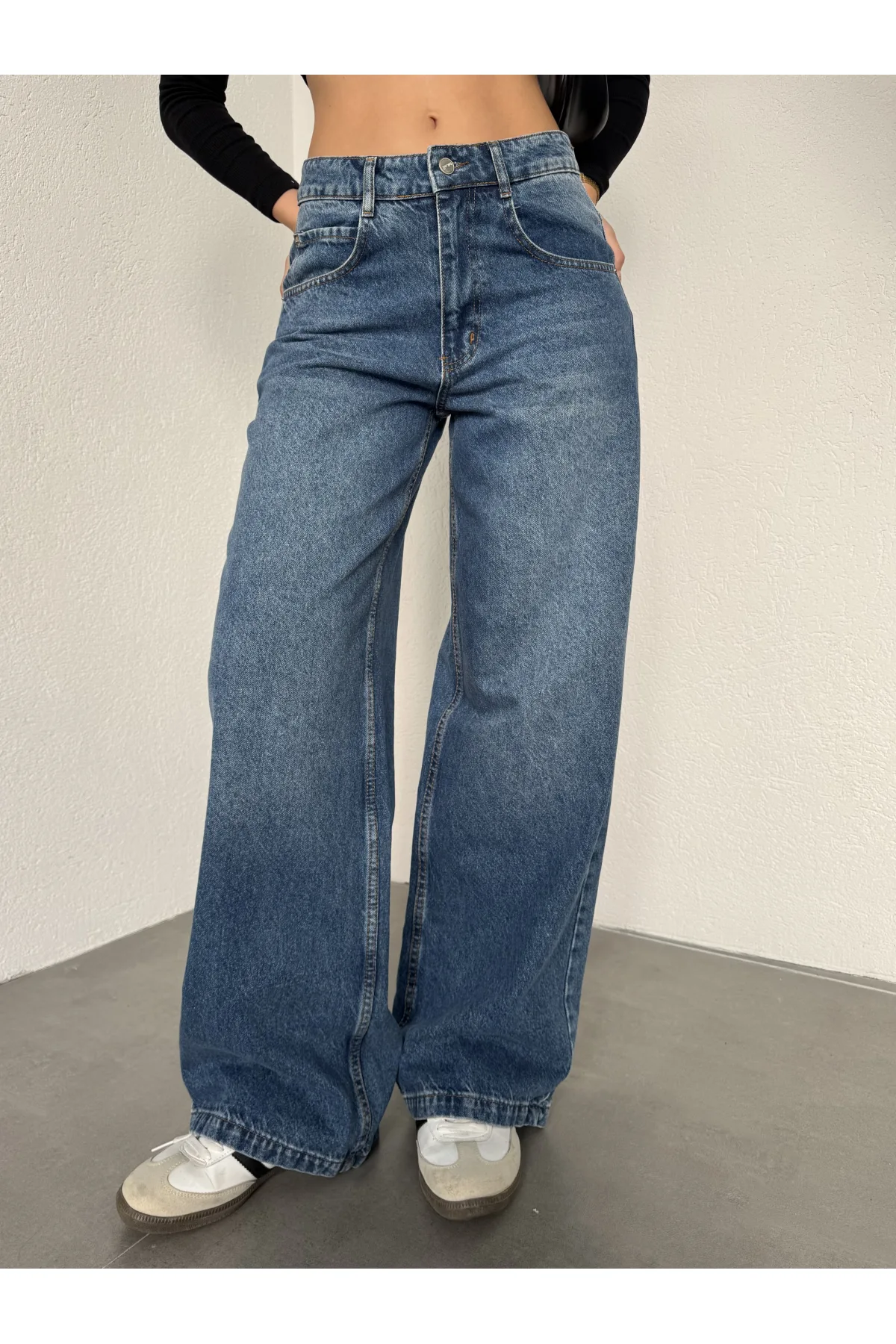 Mavi Yıkamalı Süper Baggy Ektra Geniş Paça Yüksek Bel Jean Kot Pantolon