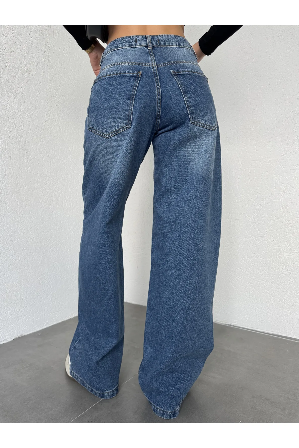 Mavi Yıkamalı Süper Baggy Ektra Geniş Paça Yüksek Bel Jean Kot Pantolon