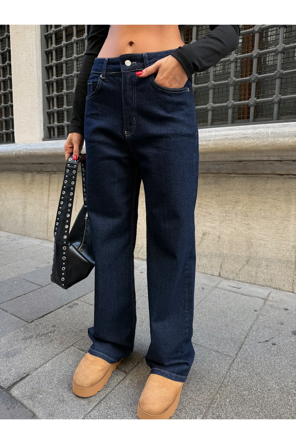 Sade Mavİ Rins Yıkamalı Yüksel Bel Bol Paça Baggy Jean Kot Pantolon