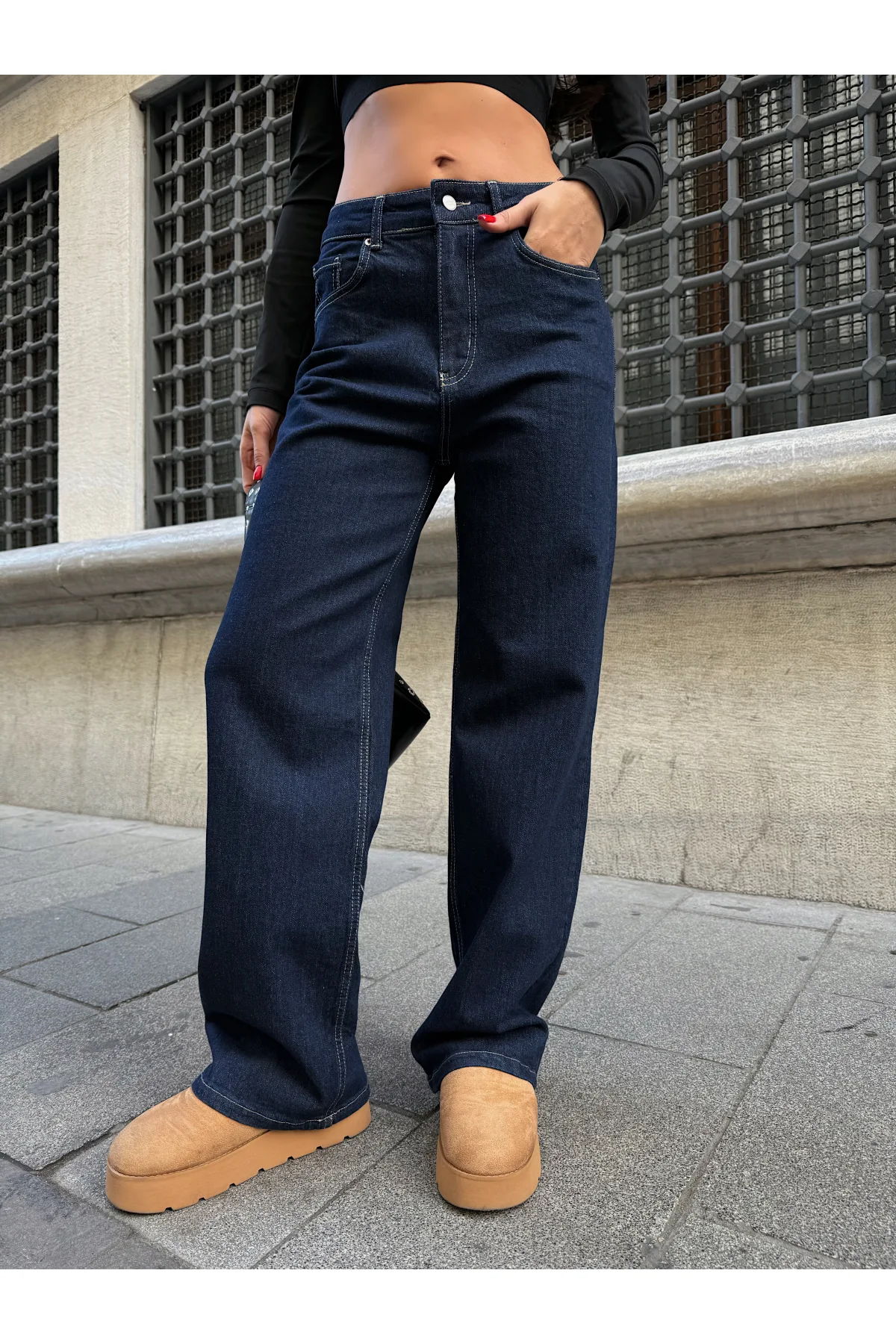 Sade Mavİ Rins Yıkamalı Yüksel Bel Bol Paça Baggy Jean Kot Pantolon