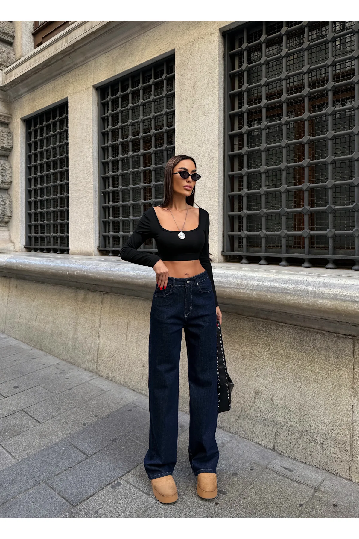 Sade Mavİ Rins Yıkamalı Yüksel Bel Bol Paça Baggy Jean Kot Pantolon