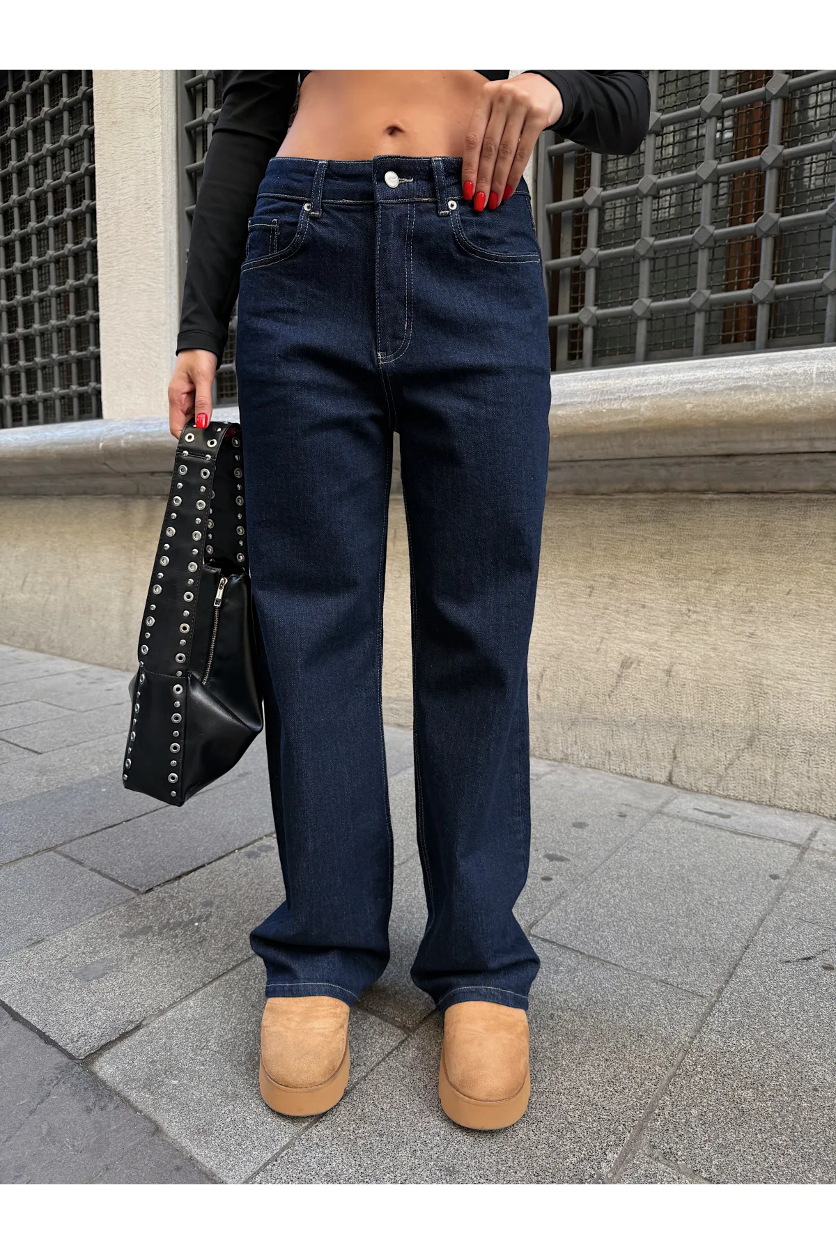 Sade Mavİ Rins Yıkamalı Yüksel Bel Bol Paça Baggy Jean Kot Pantolon