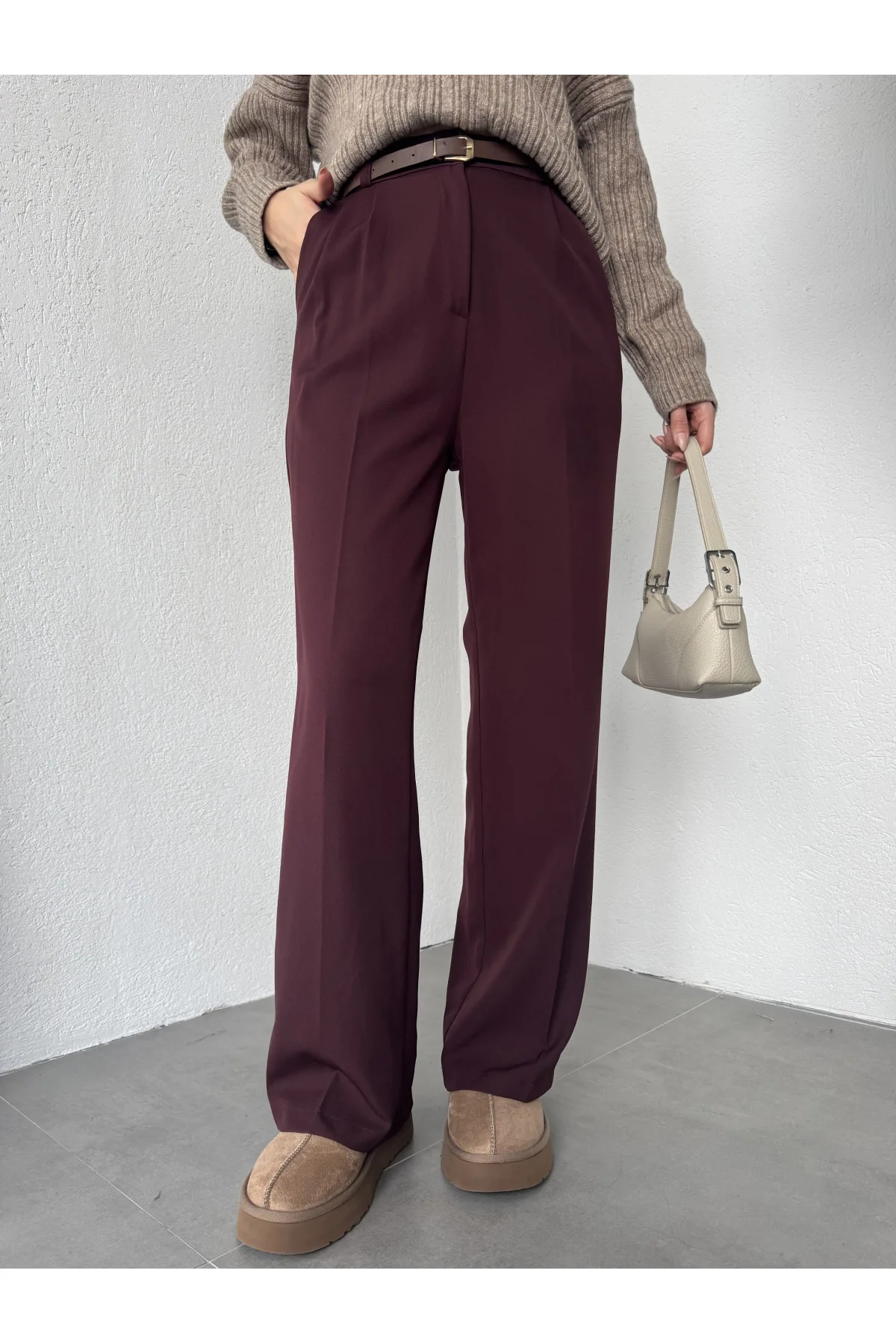 Vişne Pileli Tam Kalıp Bel Oturtmalı Geniş Paça Palazzo Pantolon