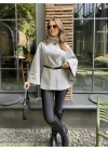 Gri Kemerli Dik Yaka Düğmeli Kaşe Pelerin Panço