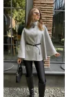 Gri Kemerli Dik Yaka Düğmeli Kaşe Pelerin Panço