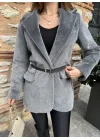 Gri Tay Tüylü Kemerli Kürk Fox Ceket