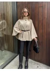 Krem Kemerli Dik Yaka Düğmeli Kaşe Pelerin Panço