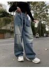 Mavi Çok Cepli Retro İpli Yıkamalı Baggy Geniş Paça Yüksek Bel Oturtmalı Jean Kot Pantolon