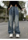 Mavi Çok Cepli Retro İpli Yıkamalı Baggy Geniş Paça Yüksek Bel Oturtmalı Jean Kot Pantolon