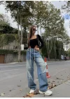 Mavi Çok Cepli Retro İpli Yıkamalı Baggy Geniş Paça Yüksek Bel Oturtmalı Jean Kot Pantolon
