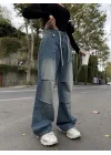 Mavi Çok Cepli Retro İpli Yıkamalı Baggy Geniş Paça Yüksek Bel Oturtmalı Jean Kot Pantolon