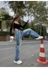 Mavi Çok Cepli Retro İpli Yıkamalı Baggy Geniş Paça Yüksek Bel Oturtmalı Jean Kot Pantolon