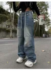 Mavi Çok Cepli Retro İpli Yıkamalı Baggy Geniş Paça Yüksek Bel Oturtmalı Jean Kot Pantolon