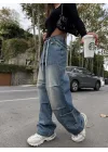 Mavi Çok Cepli Retro İpli Yıkamalı Baggy Geniş Paça Yüksek Bel Oturtmalı Jean Kot Pantolon