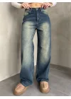 Mavi Yeşil Yıkamalı Baggy Geniş Paça Yüksek Bel Wide Leg Jean Kot Pantolon