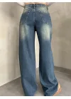 Mavi Yeşil Yıkamalı Baggy Geniş Paça Yüksek Bel Wide Leg Jean Kot Pantolon