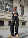 Siyah Kemerinde Tokalı Yıkamalı Baggy Geniş Paça Yüksek Bel Oturtmalı Jean Kot Pantolon