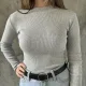 Gri Melanj Dik Yaka Uzun Kollu Basic Bluz