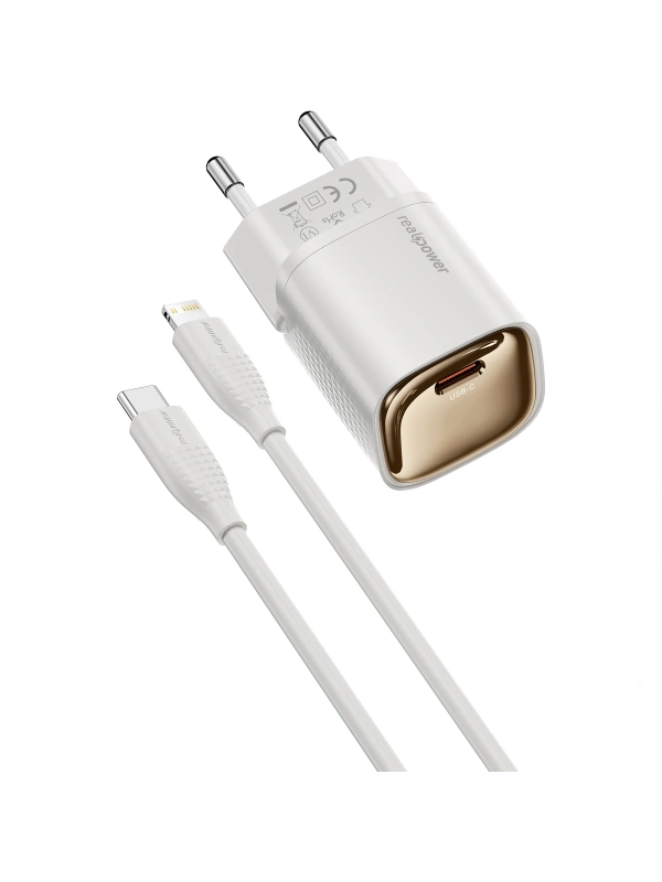 Realpower 20W GaN USB-C PD Hızlı Şarj Adaptörü Şarj Aleti ve USB-C to Lightning Hızlı Şarj Kablo Seti Beyaz TCS20WWH