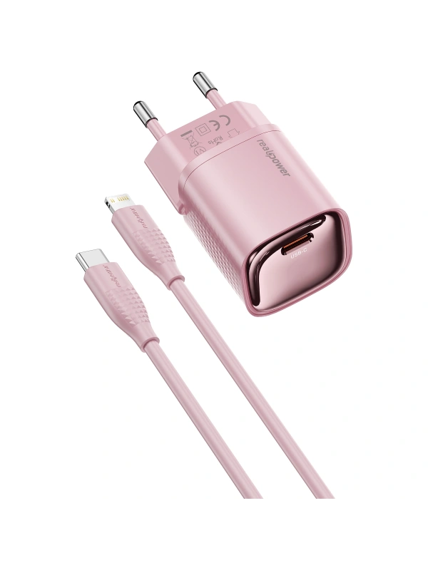 Realpower 20W GaN USB-C PD Hızlı Şarj Adaptörü Şarj Aleti ve USB-C to Lightning Hızlı Şarj Kablo Seti Pembe TCS20WPI