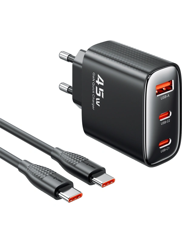 Realpower 45W GaN 3 Çıkışlı USB-C1/C2/A PD Hızlı Şarj Adaptörü Şarj Aleti ve 60W USB-C to USB-C Kablo Seti Siyah TCS45WBK