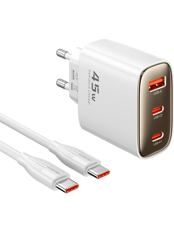 Realpower 45W GaN 3 Çıkışlı USB-C1/C2/A PD Hızlı Şarj Adaptörü Şarj Aleti ve 60W USB-C to USB-C Kablo Seti Beyaz TCS45WBK