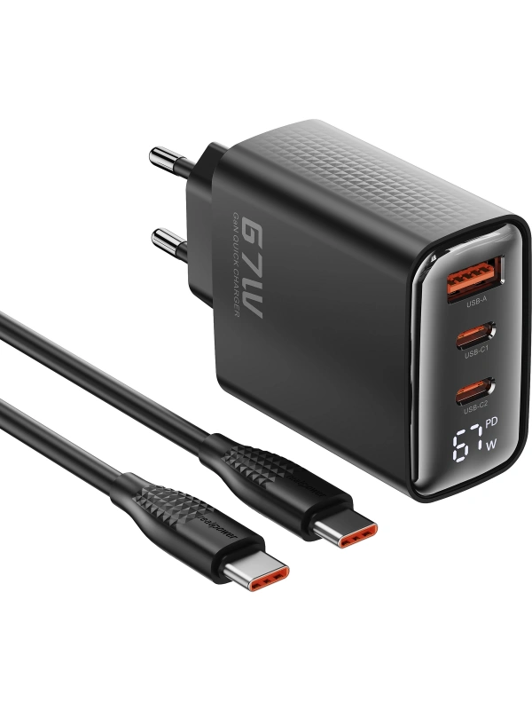 Realpower 67W GaN 3 Çıkışlı USB-C1/C2/A Dijital Göstergeli PD Hızlı Şarj Adaptörü Şarj Aleti ve 100W USB-C to USB-C Kablo Seti Siyah TCS67WBK