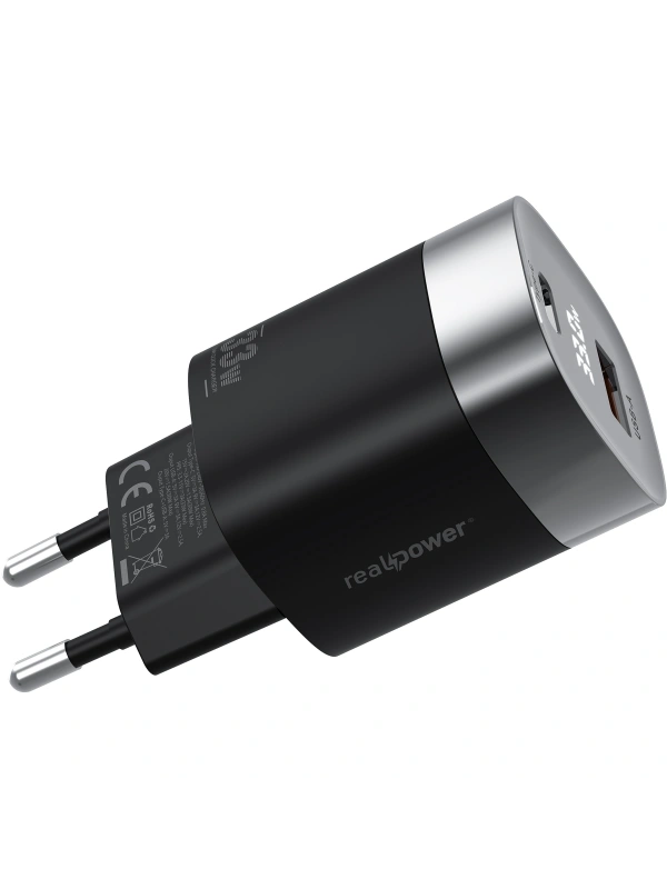 Realpower 33W GaN USB-C ve USB-A Çift Çıkışlı Dijital Göstergeli PD Hızlı Şarj Adaptörü Şarj Aleti Siyah TC33WBK