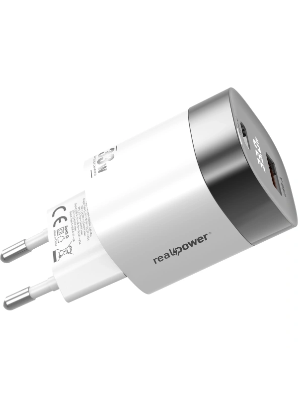 Realpower 33W GaN USB-C ve USB-A Çift Çıkışlı Dijital Göstergeli PD Hızlı Şarj Adaptörü Şarj Aleti Beyaz TC33WWH