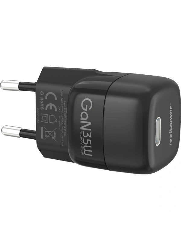 Realpower 35W GaN USB-C PD Hızlı Şarj Adaptörü Şarj Aleti Siyah TC35WBK