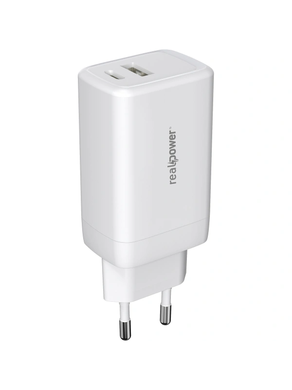 Realpower 65W GaN USB-C ve USB-A Çift Çıkışlı PD Hızlı Şarj Adaptörü Şarj Aleti Beyaz TC65WWH