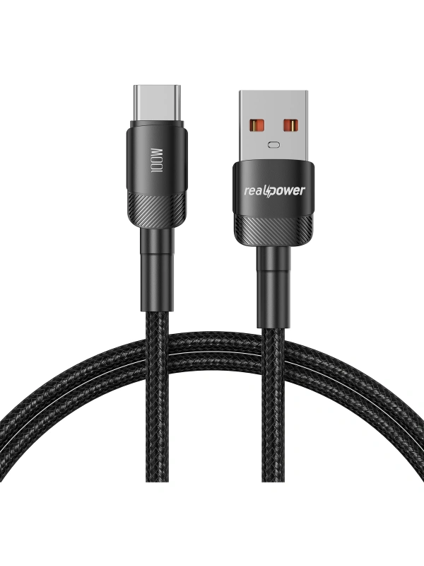 Realpower 100W USB-A to Type-C Örgülü Hızlı Şarj ve Data Kablosu 1 Metre Siyah CA-6AUCBK