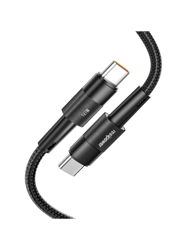Realpower 60W USB-C to USB-C Örgülü Hızlı Şarj ve Data Kablosu 1 Metre Siyah CA-60WCCBK2