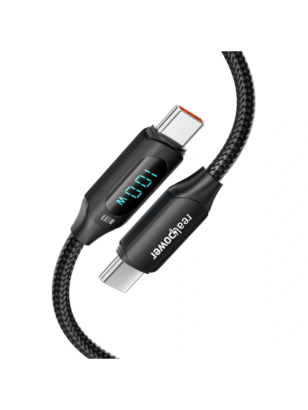 Realpower 100W USB-C to USB-C Dijital Göstergeli Örgülü Hızlı Şarj ve Data Kablosu 1 Metre Siyah CA-100WCCBK