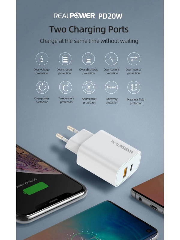 Realpower 20W USB-C ve USB-A Çift Çıkışlı PD Hızlı Şarj Adaptörü Seyahat Şarj Aleti Beyaz RP-CG20AT