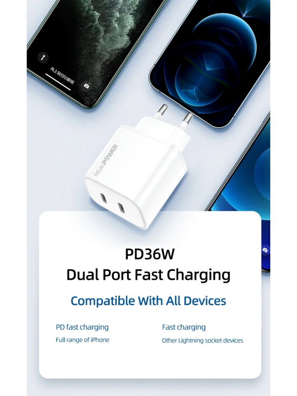 Realpower 36W GaN USB-C PD Hızlı Şarj Adaptörü Şarj Aleti Beyaz RP-CG36