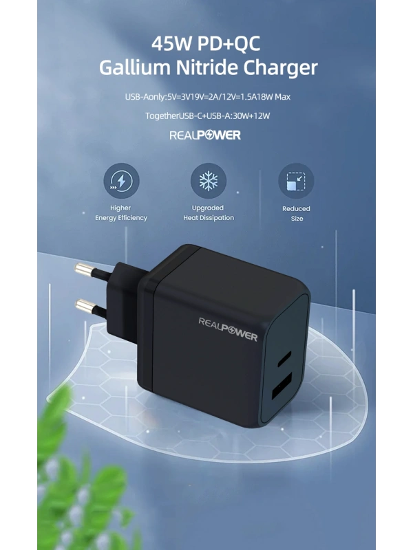 Realpower 45W GaN USB-C PD Hızlı Şarj Adaptörü Şarj Aleti Beyaz RP-CG45W