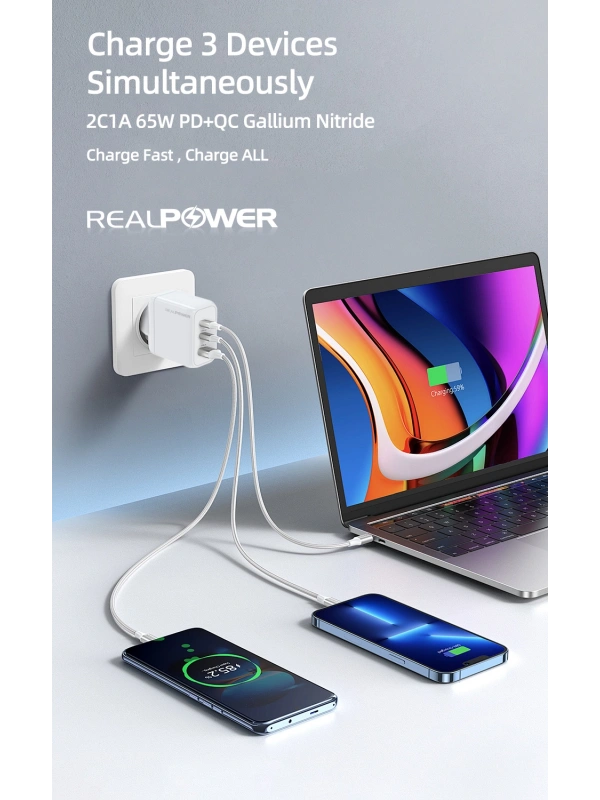 Realpower 100W GaN 3 Çıkışlı USB-C1/C2/A PD Hızlı Şarj Adaptörü ve USB-C to USB-C Kablo Seti Siyah RP-CG100CB
