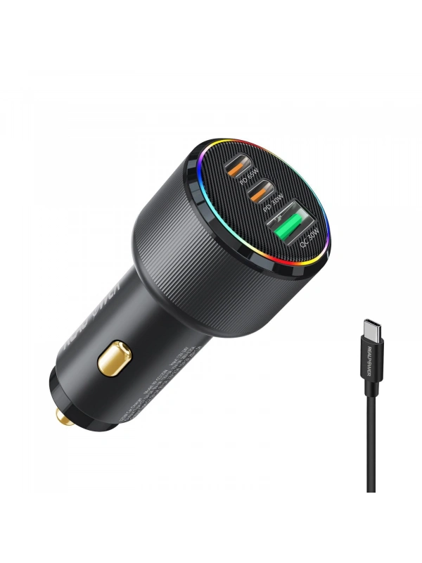 Realpower 125W USB-C1/C2/A 3 Çıkışlı PD Hızlı Araç Şarj Adaptörü ve USB-C to USB-C Kablo Seti RP-CC125W