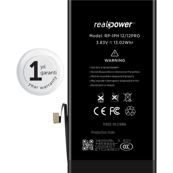 RealPower Apple Uyumlu iPhone 12 Yüksek Kapasiteli Batarya 3400mah