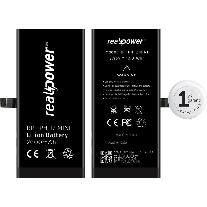 RealPower Apple Uyumlu iPhone 12 Mini Yüksek Kapasiteli Batarya 2600mah
