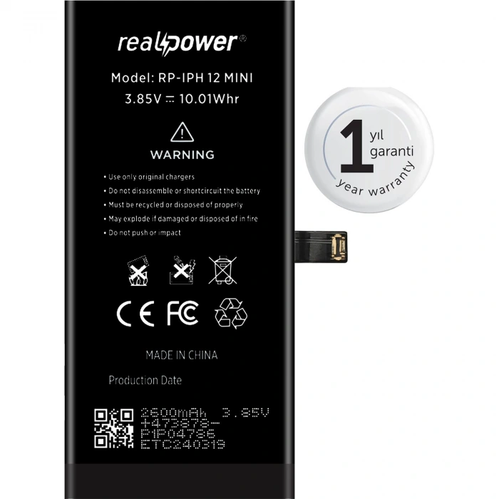 RealPower Apple Uyumlu iPhone 12 Mini Yüksek Kapasiteli Batarya 2600mah