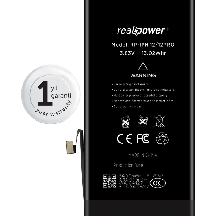 RealPower Apple Uyumlu iPhone 12 Pro Yüksek Kapasiteli Batarya 3400mah