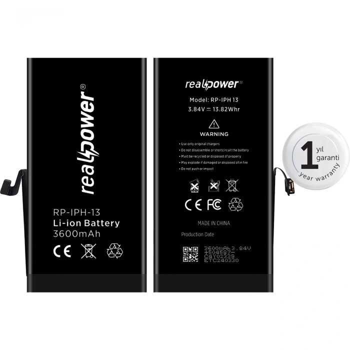 RealPower Apple Uyumlu iPhone 13 Yüksek Kapasiteli Batarya 3600mah