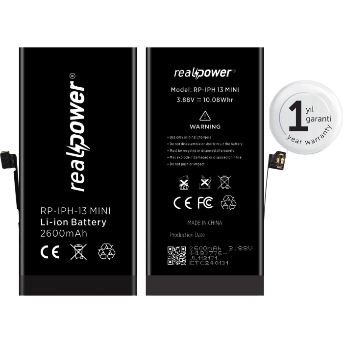 RealPower Apple Uyumlu iPhone 13 Mini Yüksek Kapasiteli Batarya 2600mah