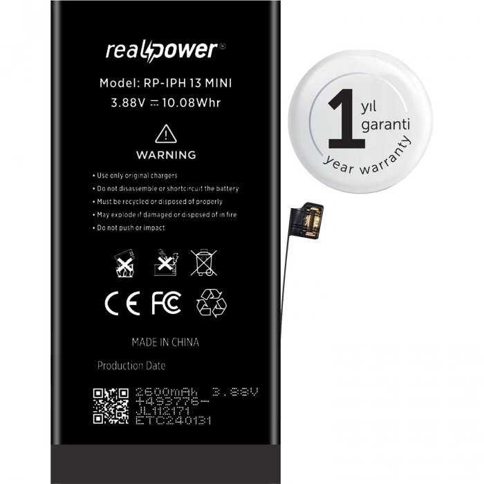 RealPower Apple Uyumlu iPhone 13 Mini Yüksek Kapasiteli Batarya 2600mah