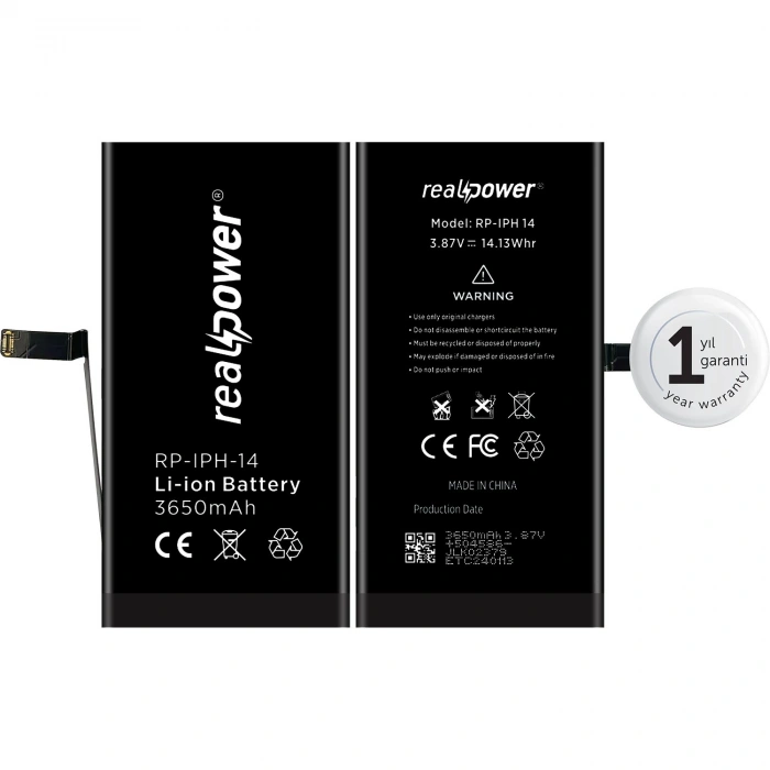 RealPower Apple Uyumlu iPhone 14 Yüksek Kapasiteli Batarya 3650mah