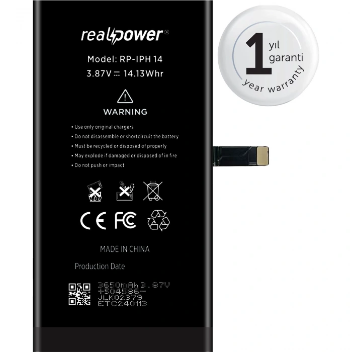 RealPower Apple Uyumlu iPhone 14 Yüksek Kapasiteli Batarya 3650mah